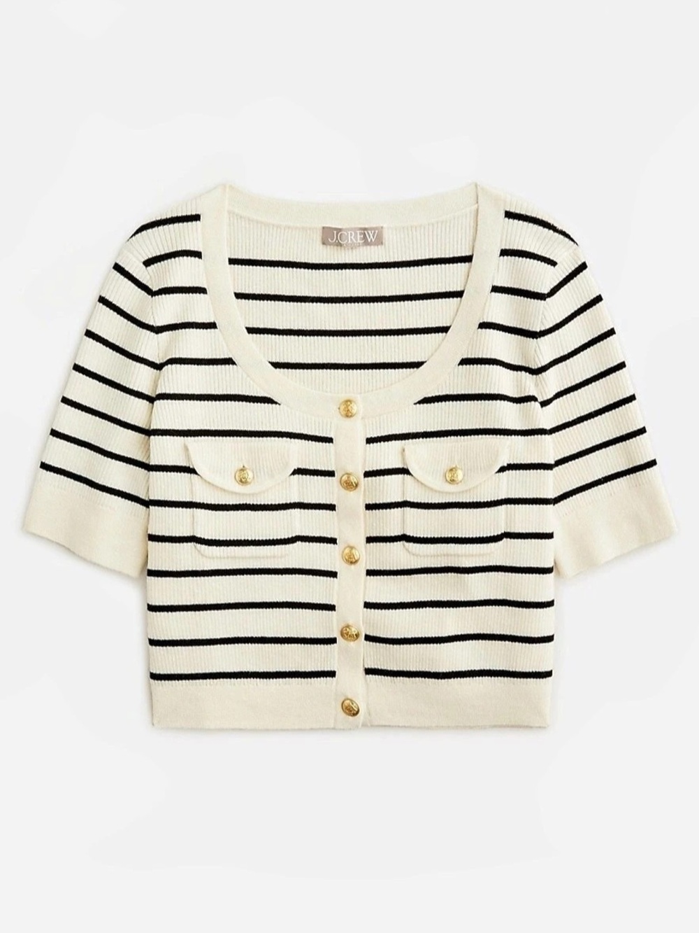 J.Crew Striped Sweater Tee Ivory Black Gold Button Up Size Small Wool Blend Fall
